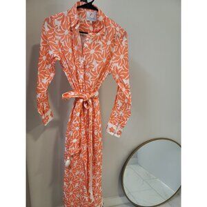 Bella Tu Button Coastal Long Sleeve Midi Shirt Dress XSmall Tangerine Orange